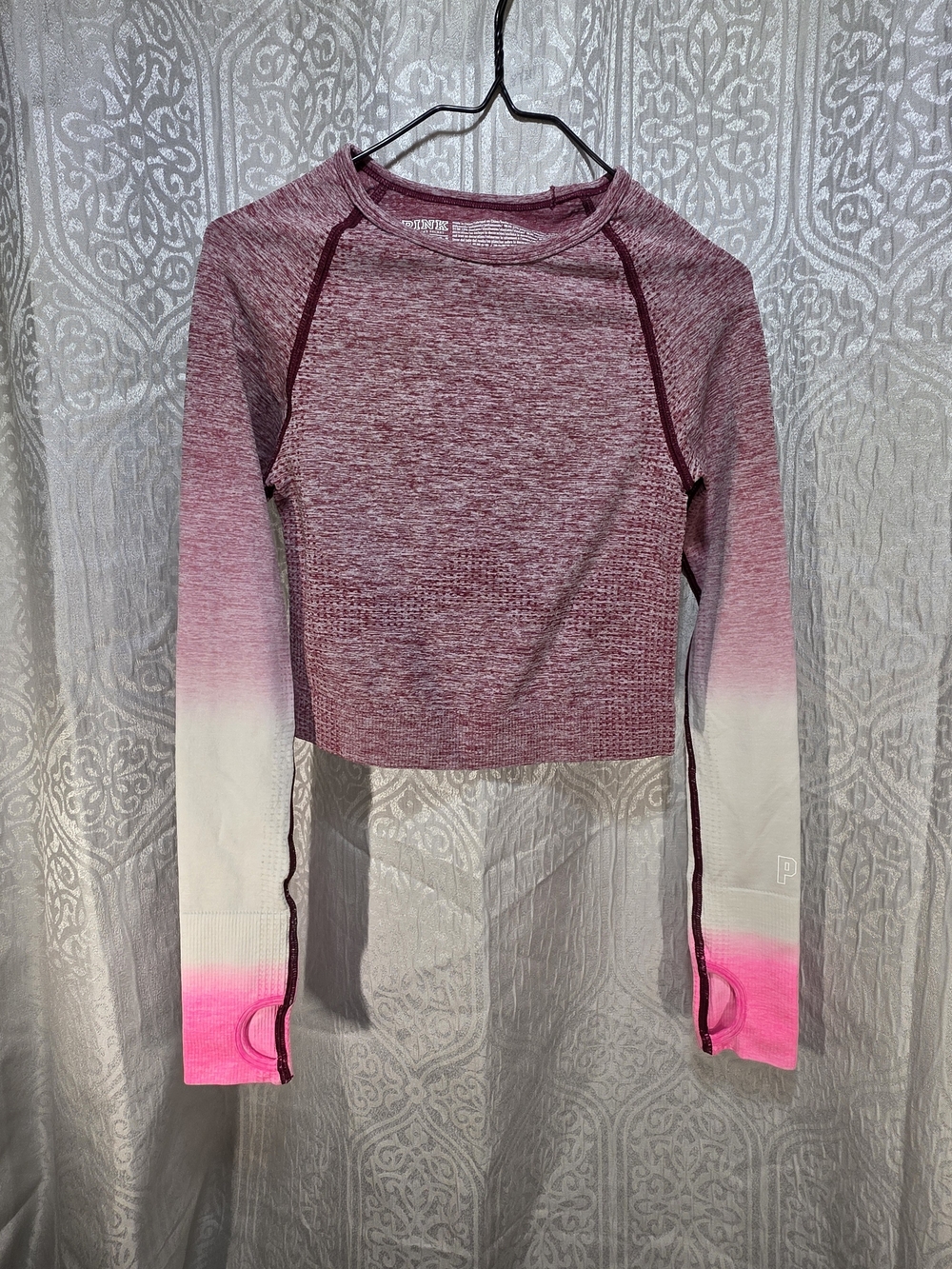 Seamless Ombre Long Sleeve Crop Top - Pink/White